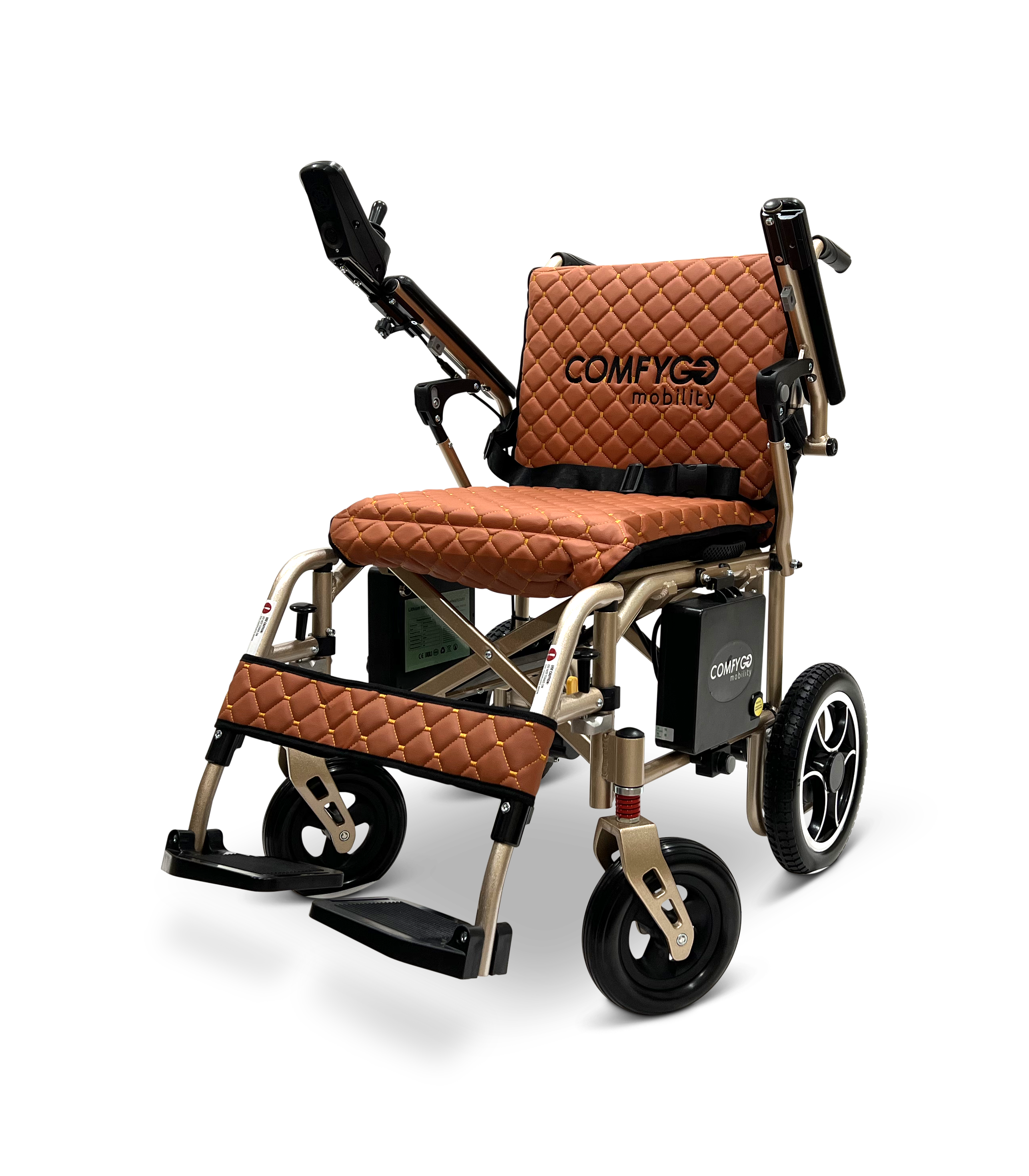 The ComfyGo X-7 electric wheelchair is a stylish, lightweight, and foldable model weighing just 40 lbs. It features a quilted brown seat and backrest, black armrests, a footrest, intricate wheel designs, and the Comfyg Mobility logo on the seat back.